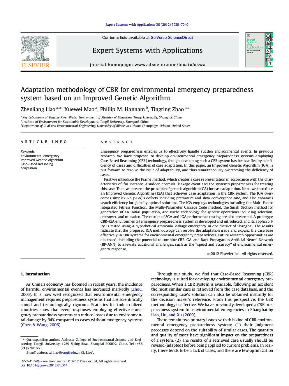 Adaptation methodology of CBR for environmental emergency preparedness system based on an Improved Genetic Algorithm