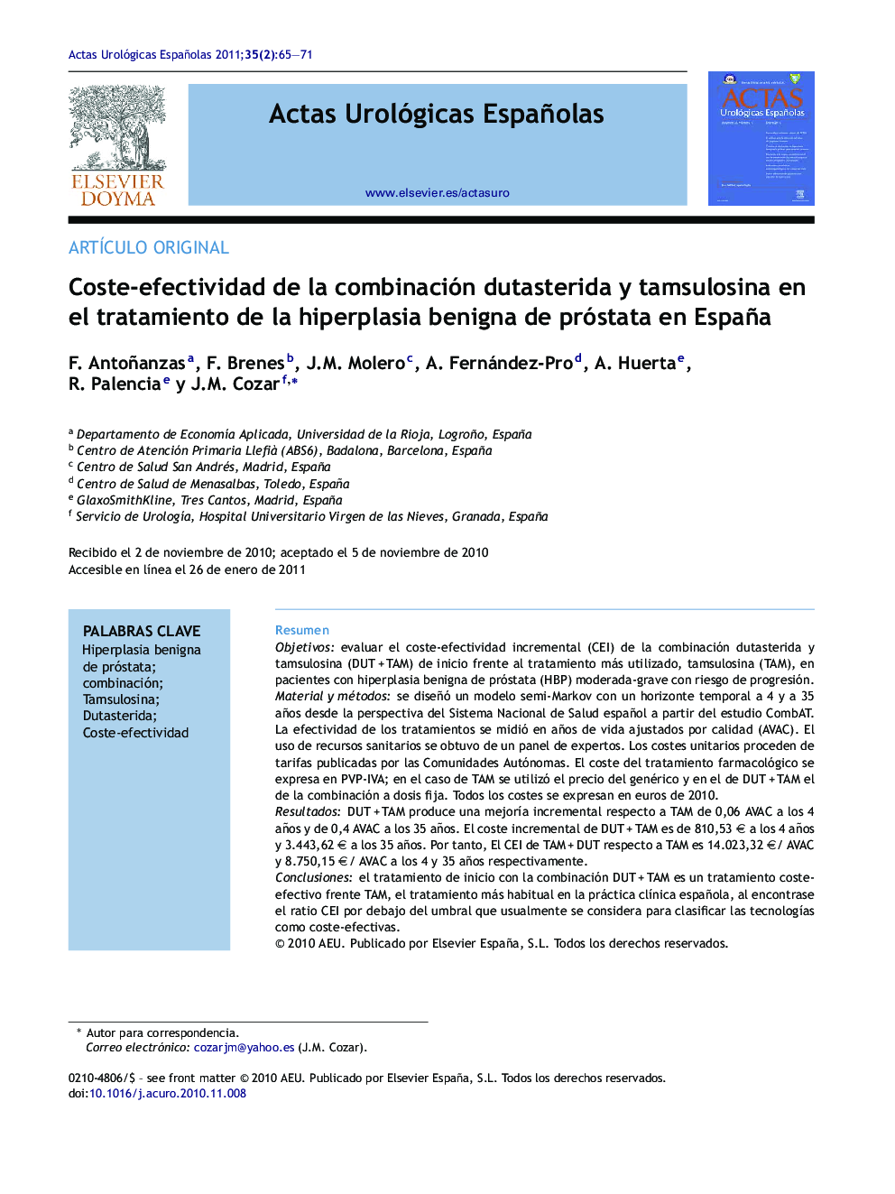 Coste-efectividad de la combinación dutasterida y tamsulosina en el tratamiento de la hiperplasia benigna de próstata en España