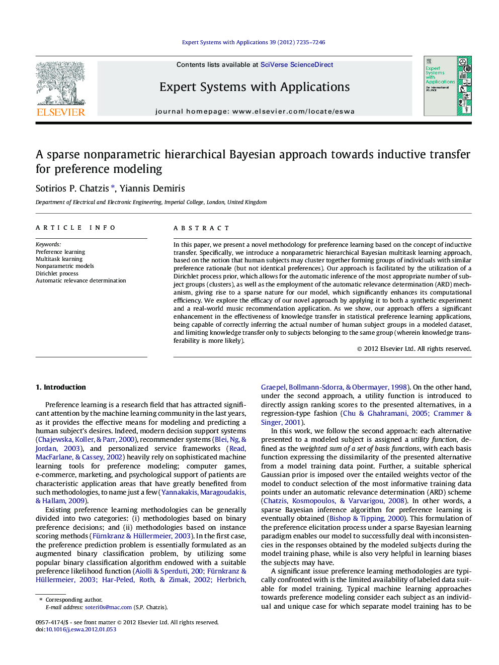 A sparse nonparametric hierarchical Bayesian approach towards inductive transfer for preference modeling