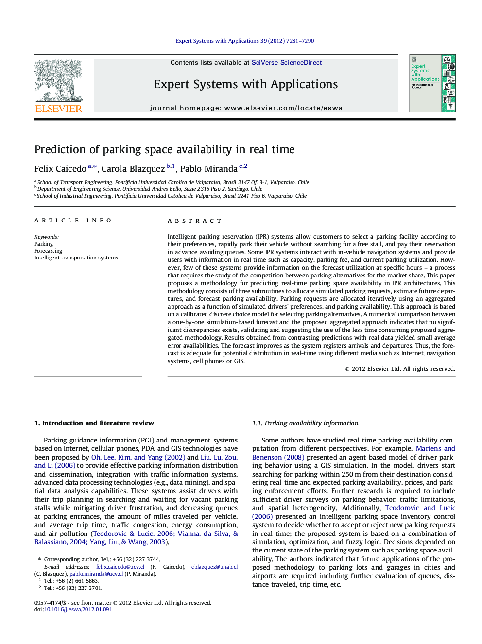 Prediction of parking space availability in real time