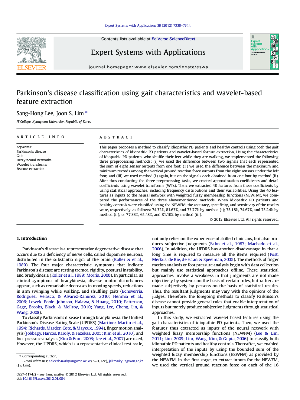 عکس صفحه اول مقاله: Parkinson’s disease classification using gait characteristics and wavelet-based feature extraction Parkinson’s disease classification using gait characteristics and wavelet-based feature extraction