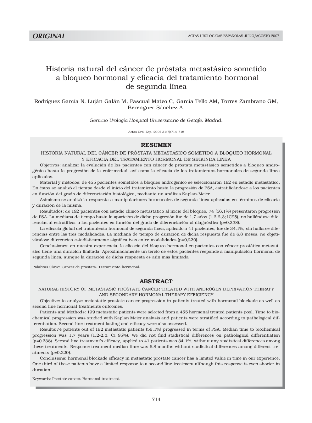 Historia natural del cáncer de próstata metastásico sometido a bloqueo hormonal y eficacia del tratamiento hormonal de segunda lÃ­neaNatural History Of Metastasic Prostate Cancer Treated With Androgen Deprivation Therapy And Secondary Hormonal Therapy 