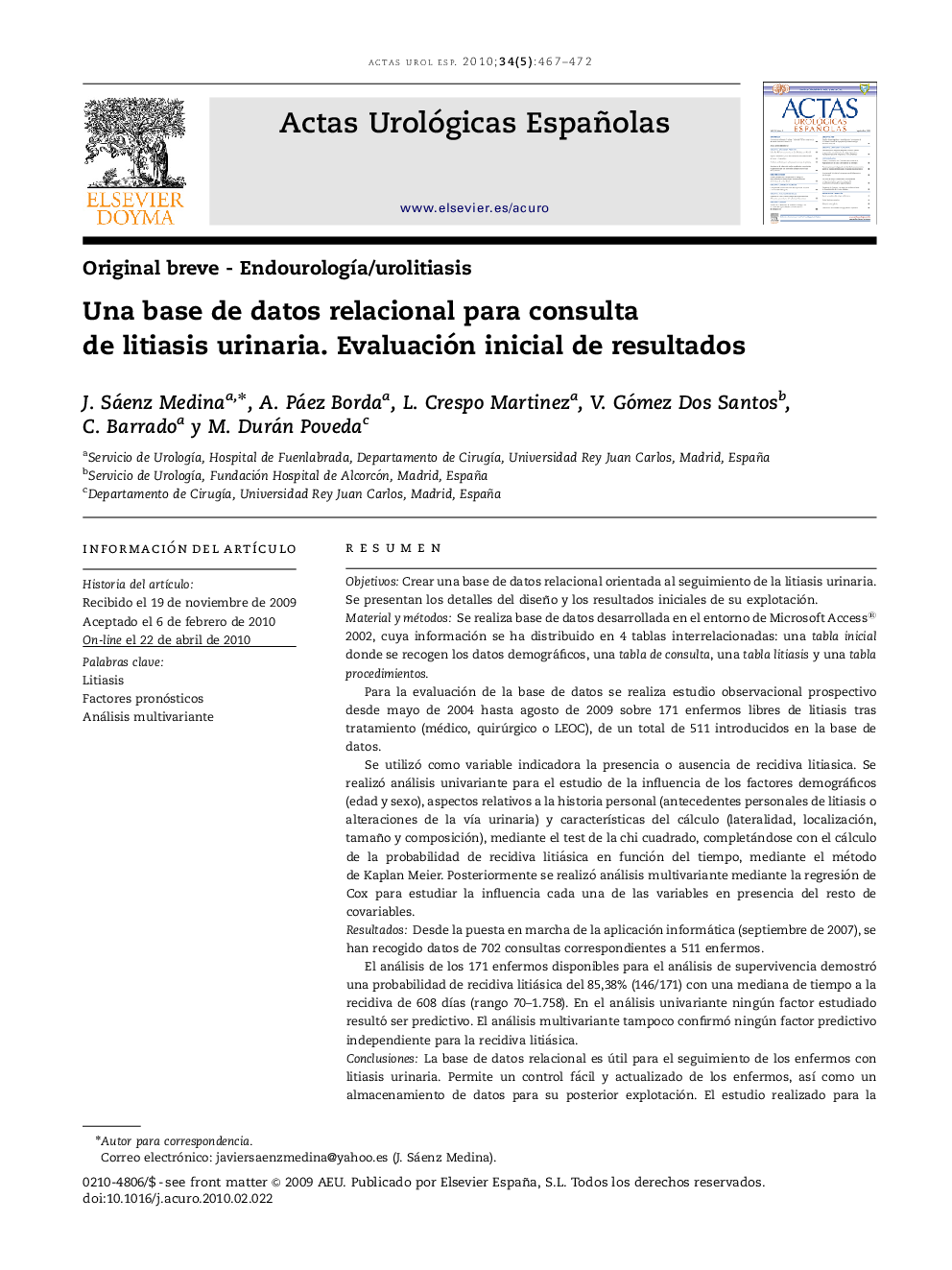 Una base de datos relacional para consulta de litiasis urinaria. Evaluación inicial de resultados