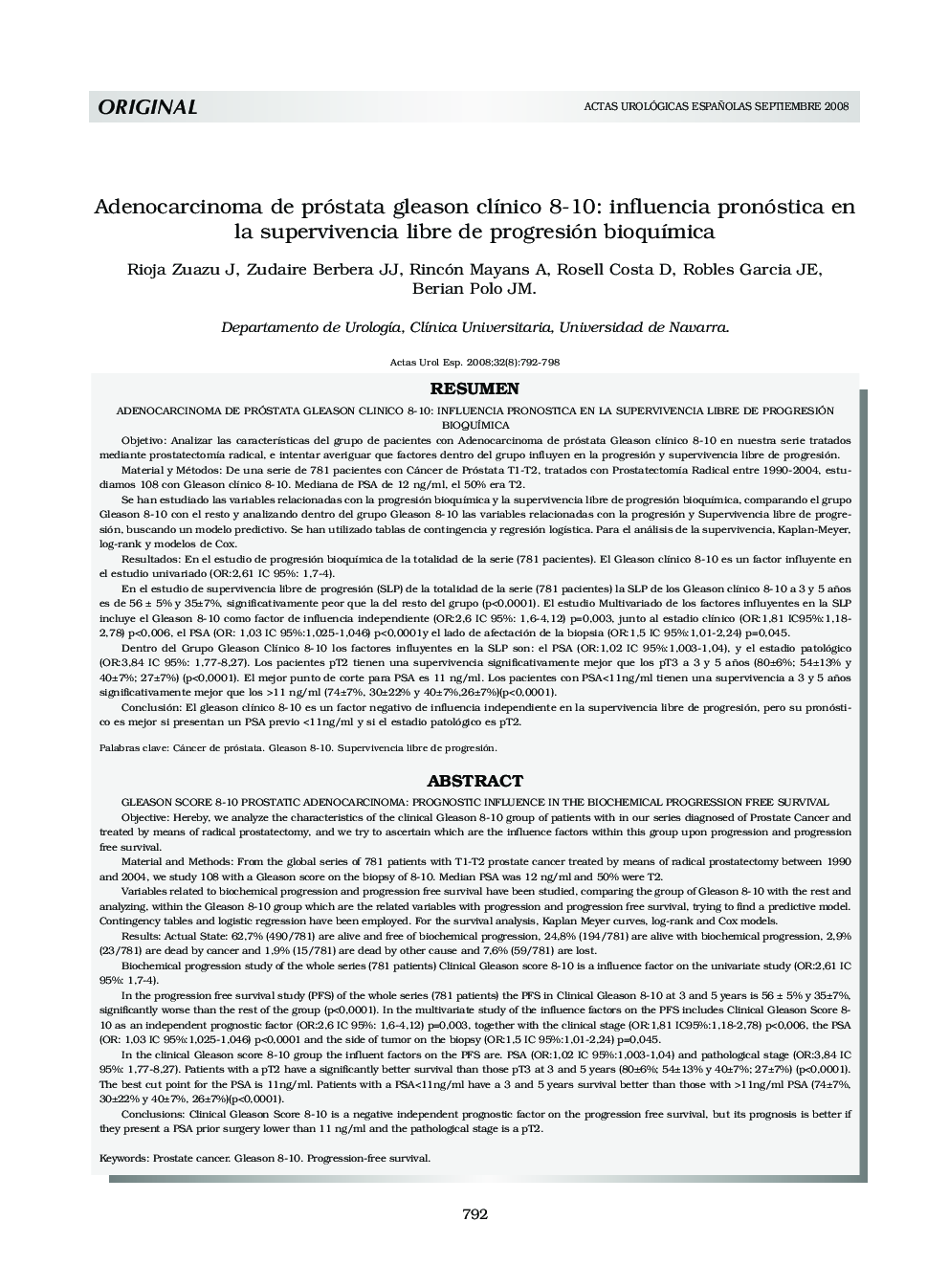 Adenocarcinoma de próstata gleason clínico 8-10: influencia pronóstica en la supervivencia libre de progresión bioquímica