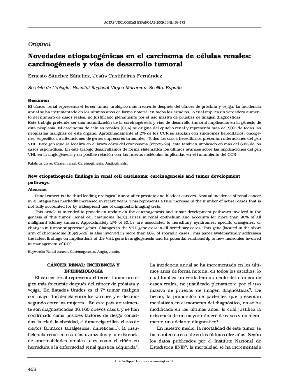 Novedades etiopatogénicas en el carcinoma de células renales: carcinogénesis y vías de desarrollo tumoral
