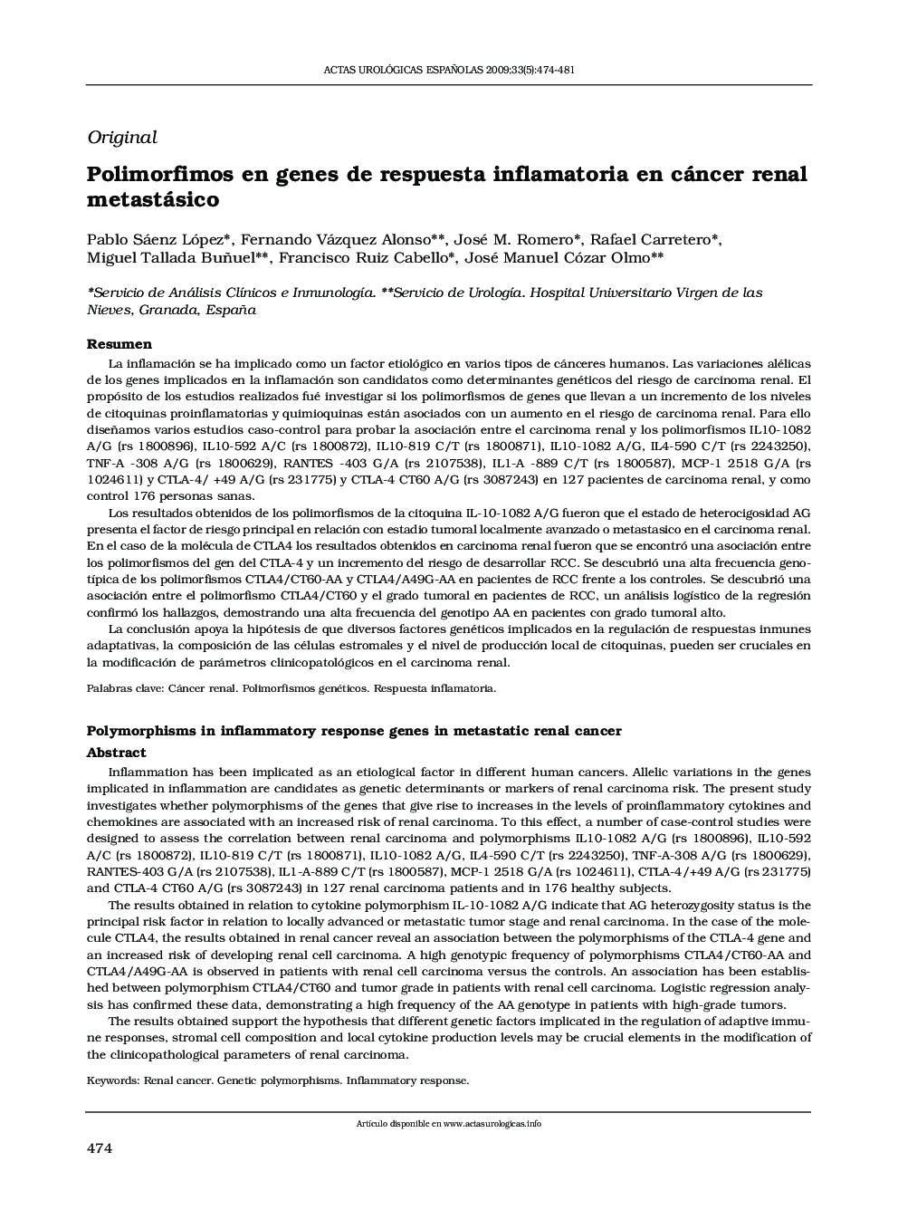 Polimorfimos en genes de respuesta inflamatoria en cáncer renal metastásico