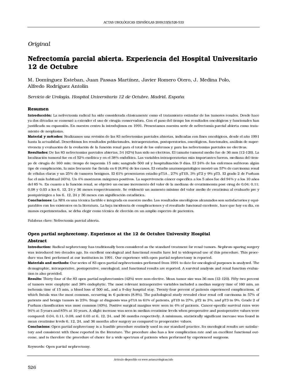 Nefrectomía parcial abierta. Experiencia del hospital universitario 12 de octubre