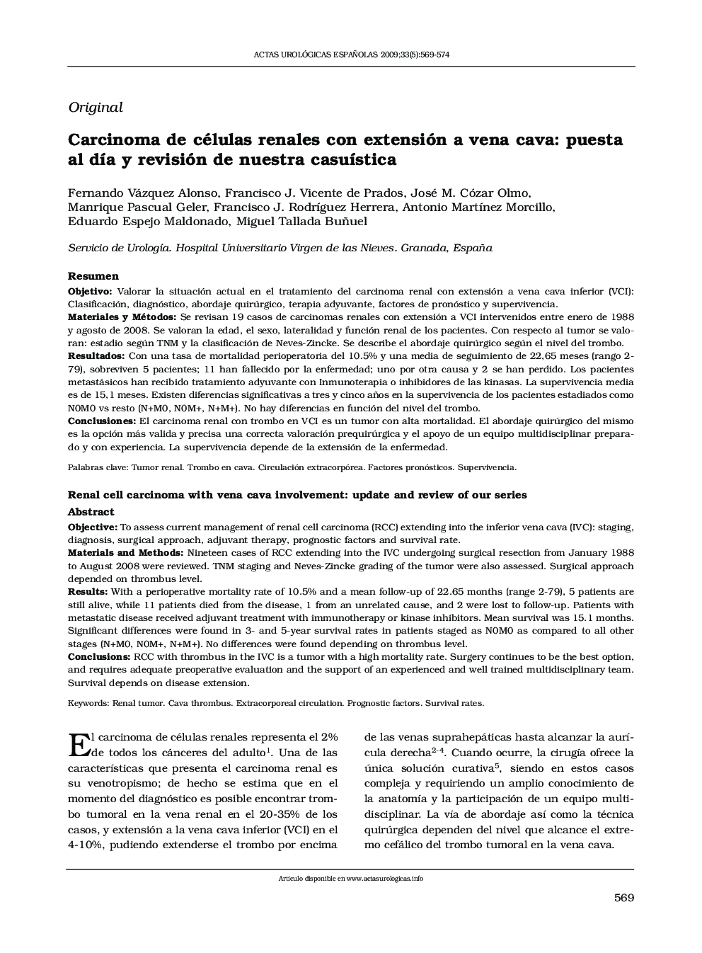 Carcinoma de células renales con extensión a vena cava: puesta al día y revisión de nuestra casuística