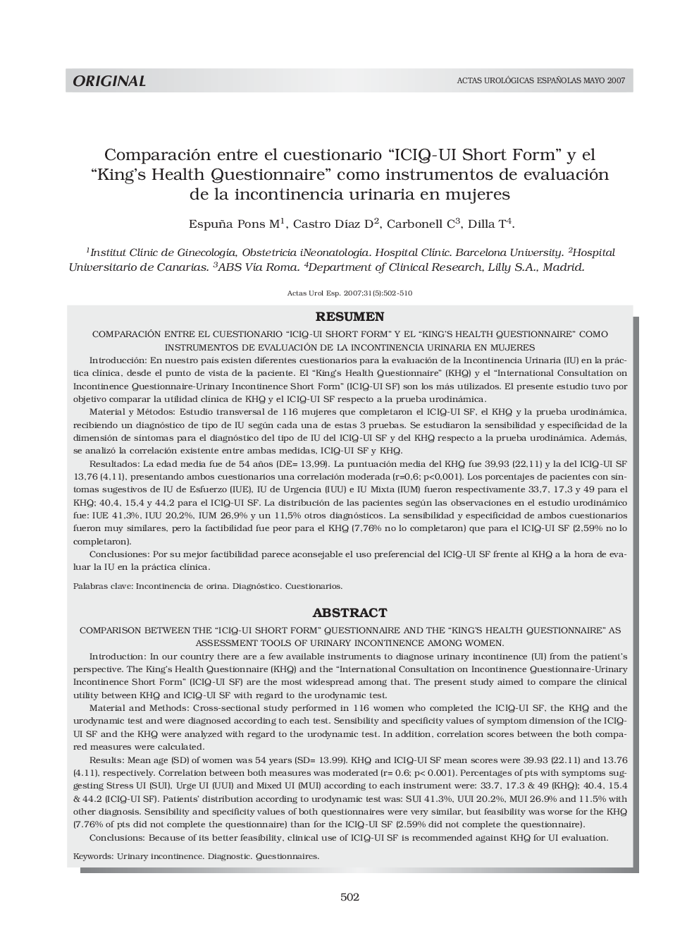 Comparación entre el cuestionario “ICIQ-UI Short Form” y el “King's Health Questionnaire” como instrumentos de evaluación de la incontinencia urinaria en mujeresComparison between the “iciq-ui short form” questionnaire and the “king's 