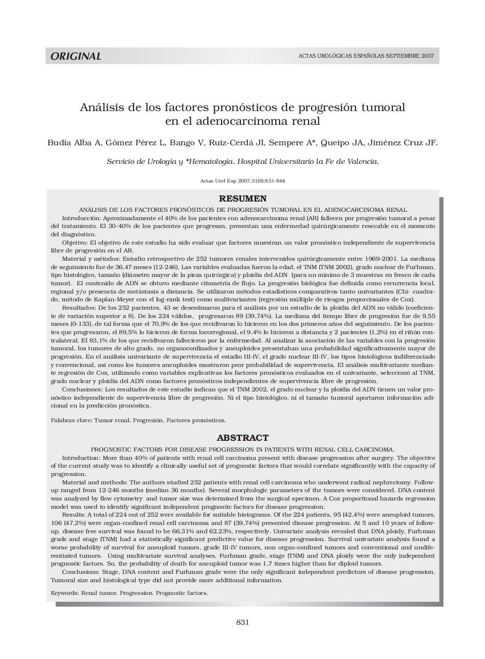 Análisis de los factores pronósticos de progresión tumoral en el adenocarcinoma renalPrognostic factors for disease progression in patients with renal cell carcinoma