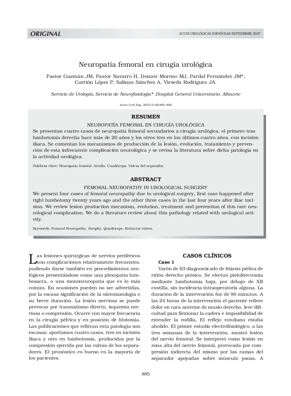 NeuropatÃ­a femoral en cirugÃ­a urológicaFemoral neuropathy in urological surgery