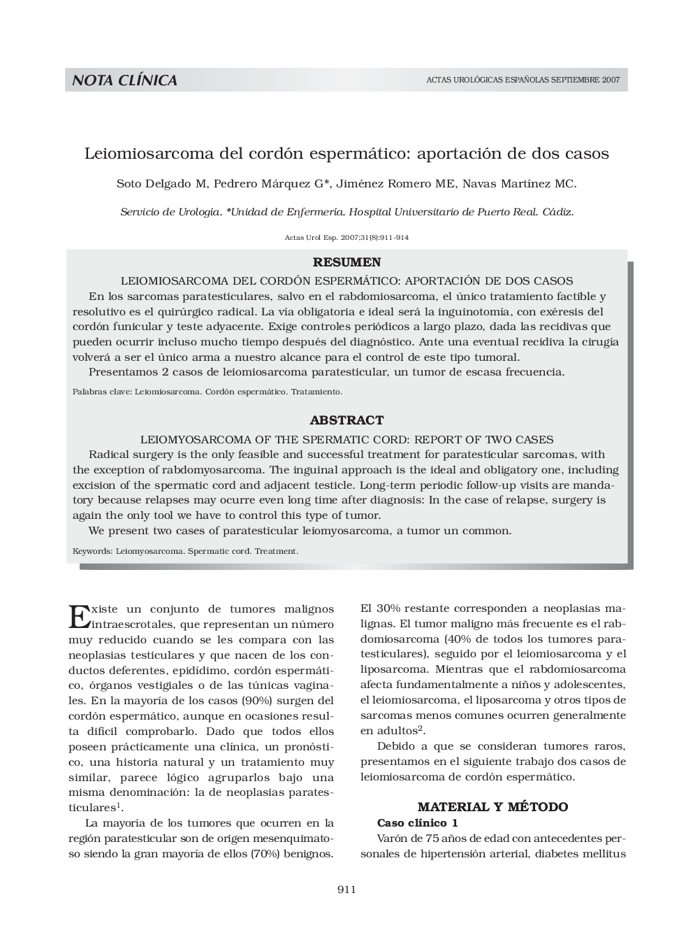 Leiomiosarcoma del cordón espermático: aportación de dos casos