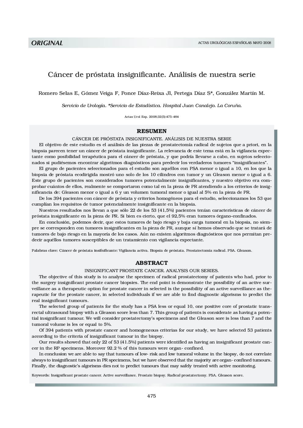 Cáncer de próstata insignificante. Análisis de nuestra serie