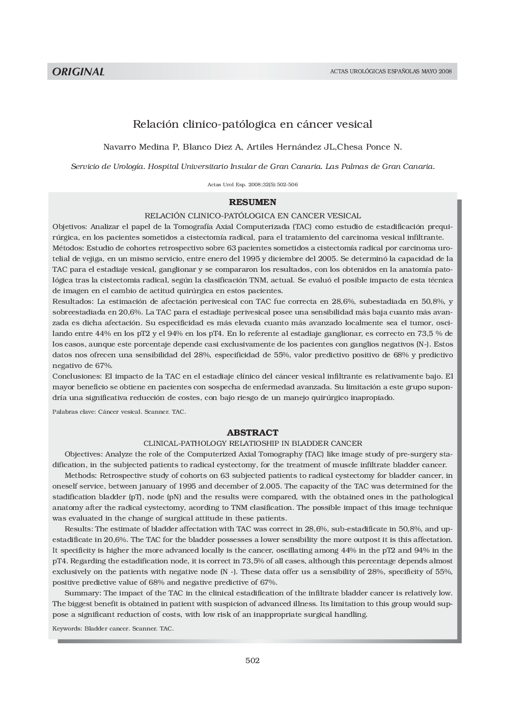 Relación clinico-patólogica en cáncer vesicalClinical-pathology relatioship in bladder cancer