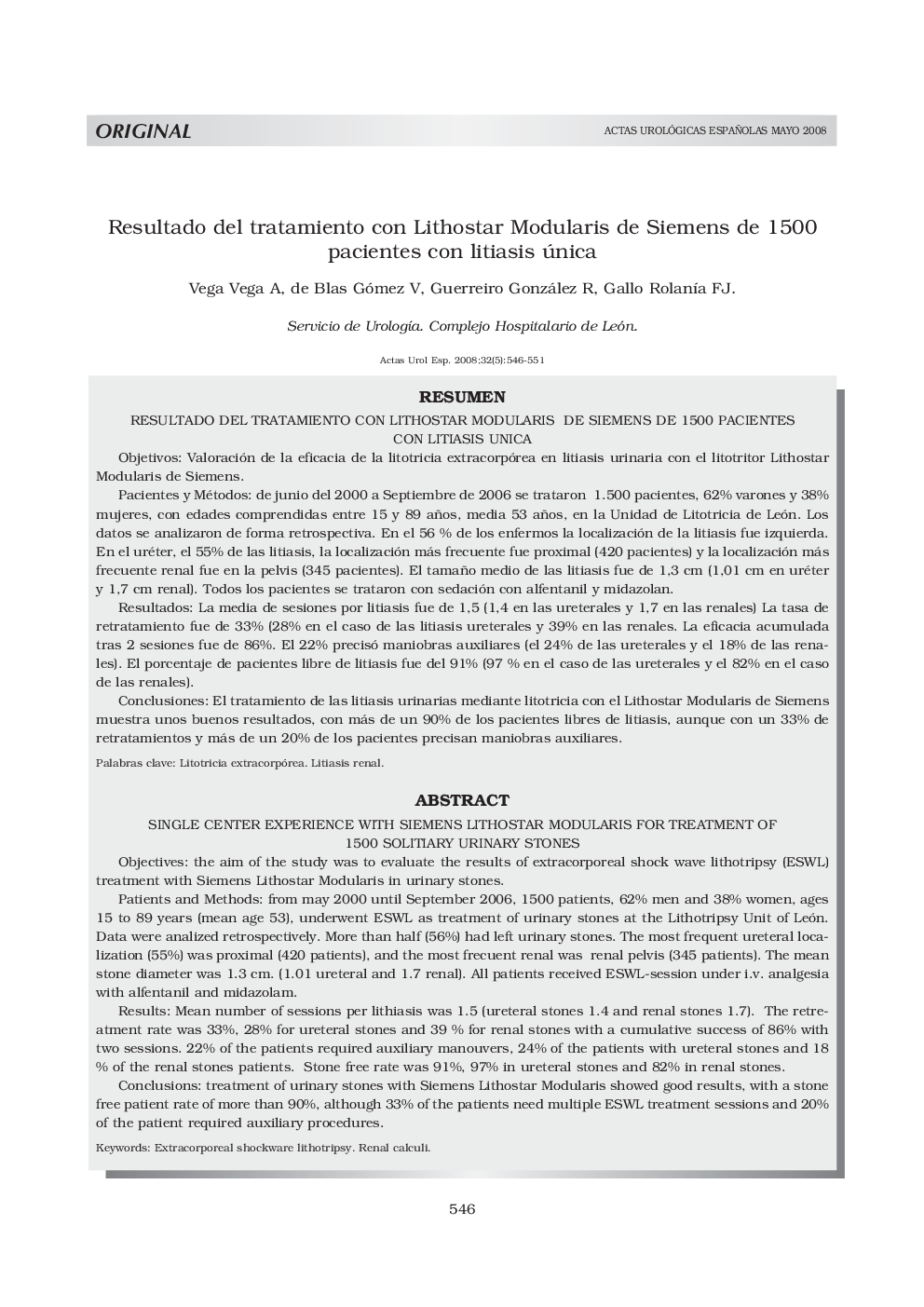 Resultado del tratamiento con Lithostar Modularis de Siemens de 1500 pacientes con litiasis única