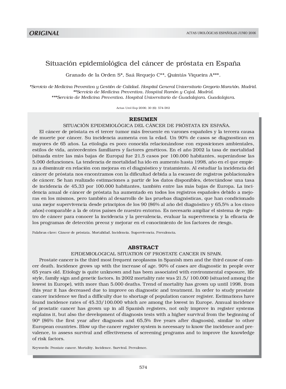 Situación epidemiológica del cáncer de próstata en España