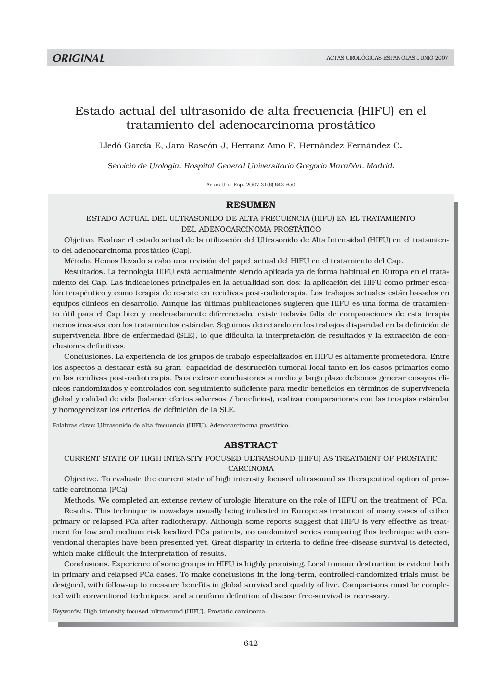 Estado actual del ultrasonido de alta frecuencia (HIFU) en el tratamiento del adenocarcinoma prostático