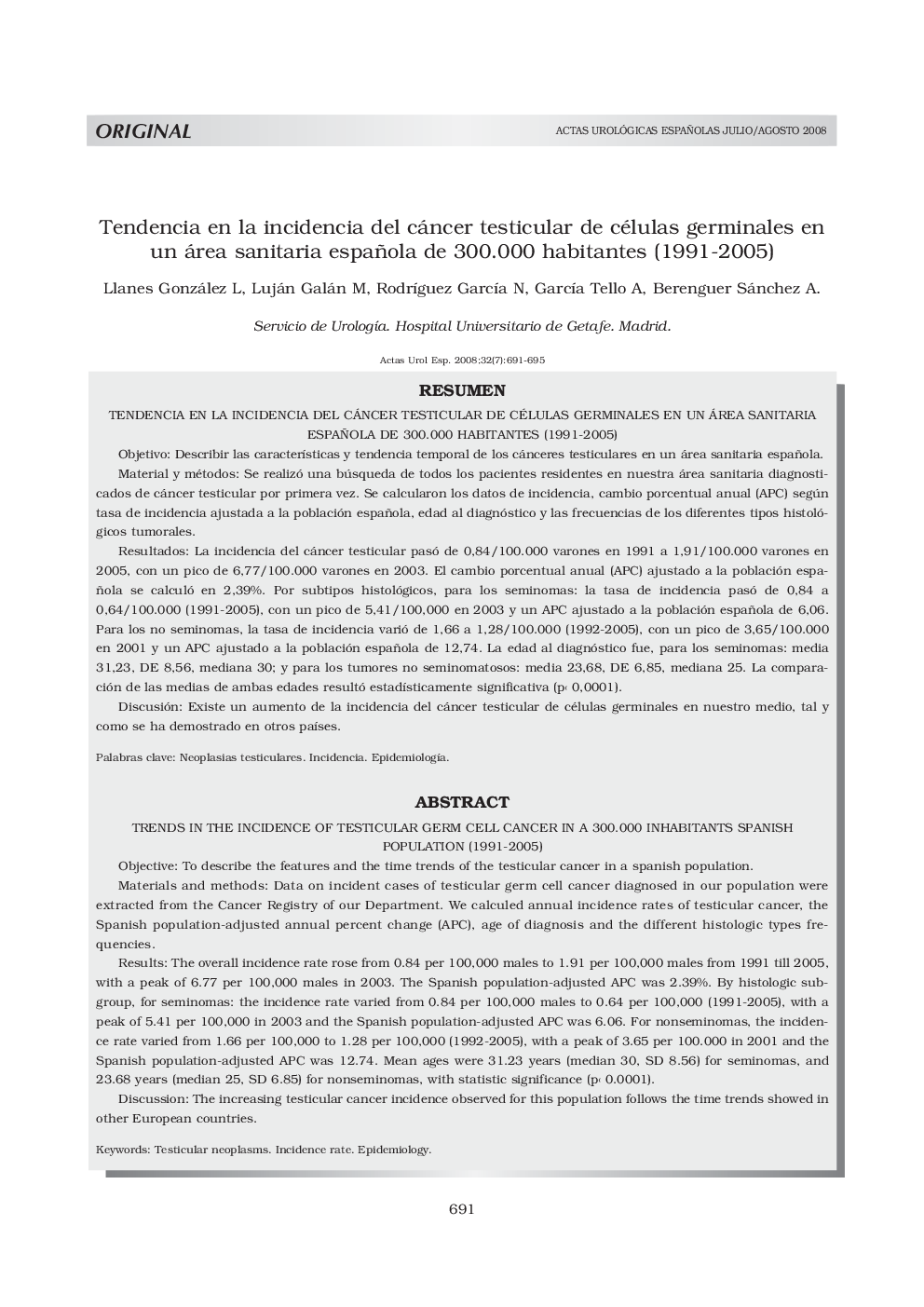 Tendencia en la incidencia del cáncer testicular de células germinales en un área sanitaria española de 300.000 habitantes (1991-2005)