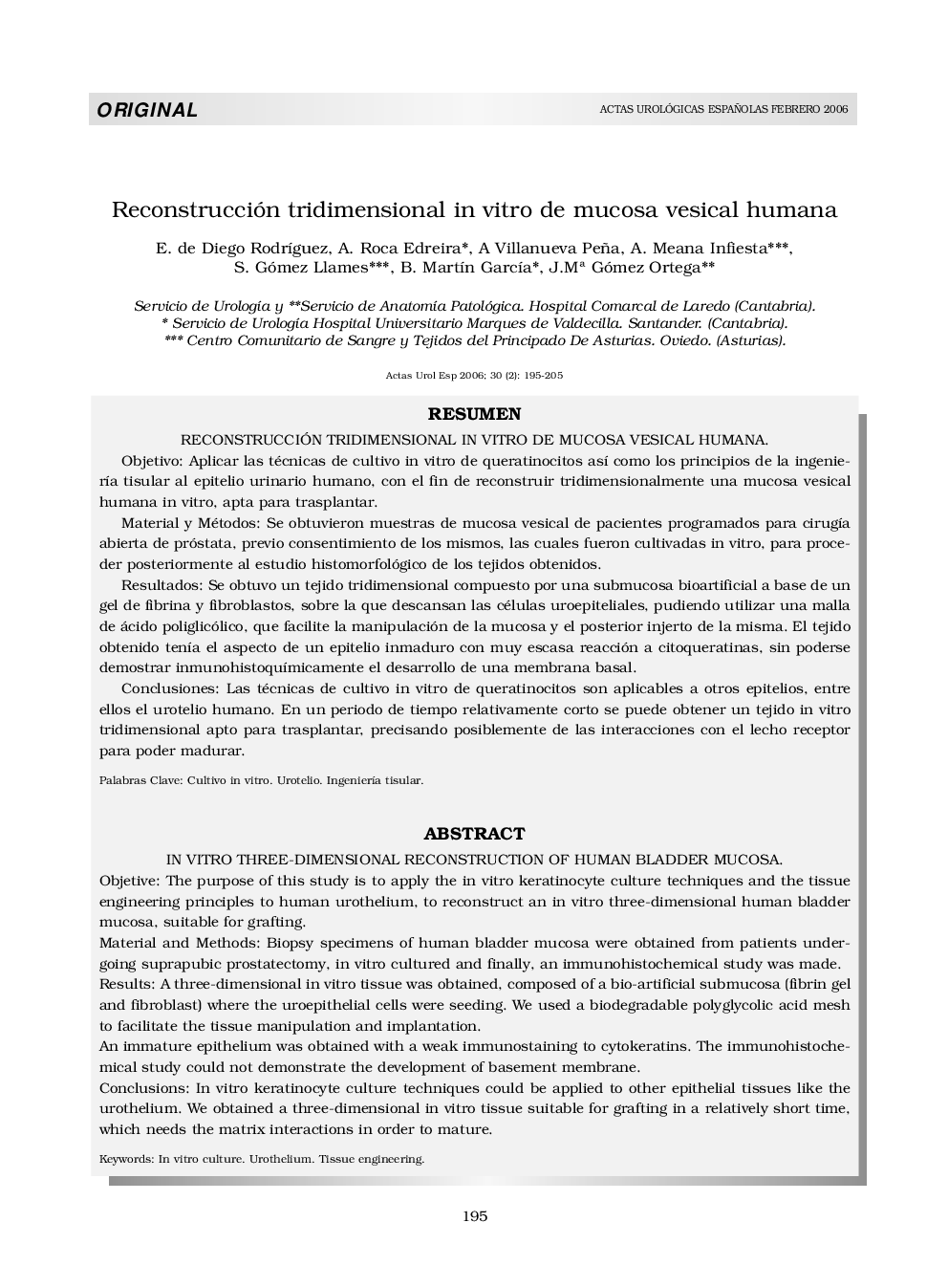 Reconstrucción tridimensional in vitro de mucosa vesical humanaIn vitro three-dimensional reconstruction of human bladder mucosa