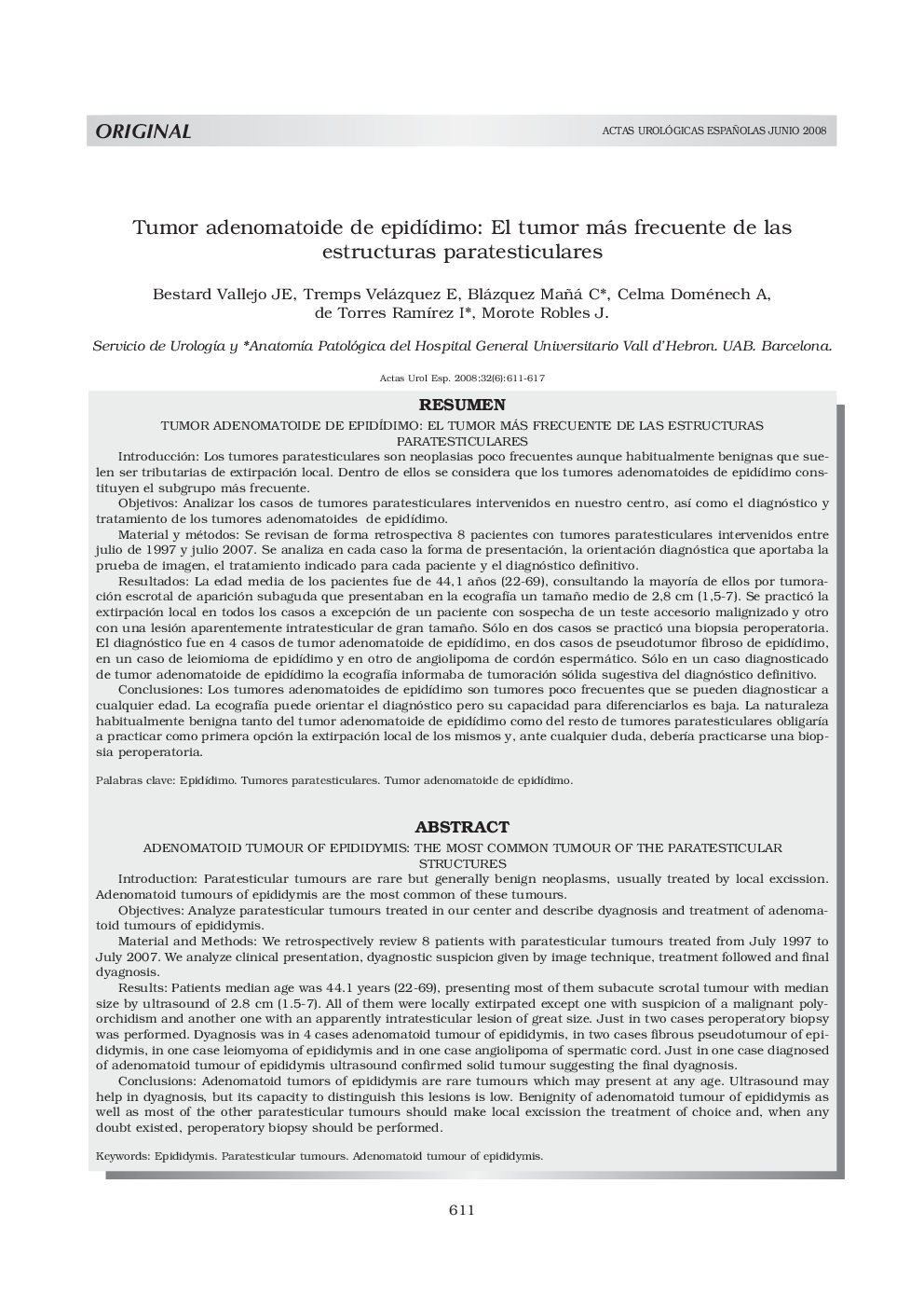 Tumor adenomatoide de epidídimo: El tumor más frecuente de las estructuras paratesticulares
