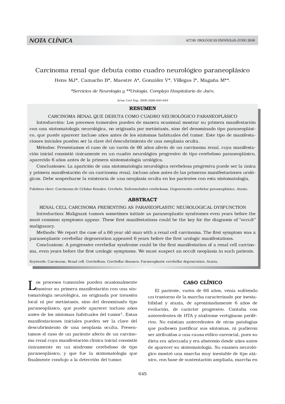 Carcinoma renal que debuta como cuadro neurológico paraneoplásico