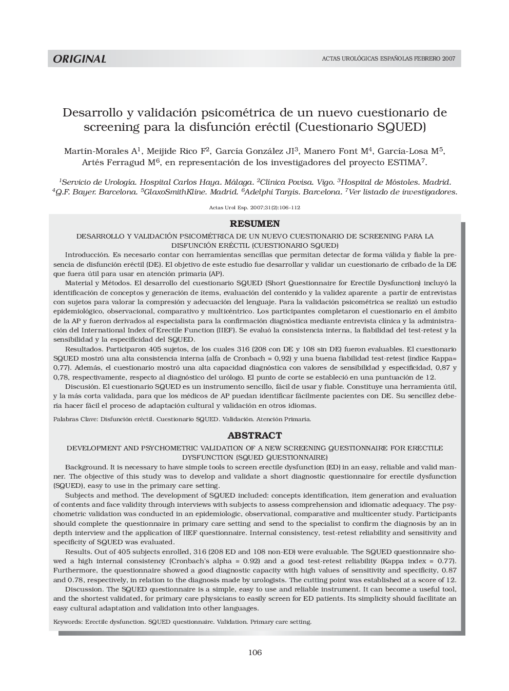 Desarrollo y validación psicométrica de un nuevo cuestionario de screening para la disfunción eréctil (Cuestionario SQUED)Development and psychometric validation of a new screening questionnaire for erectile dysfunction (squed questionnaire)