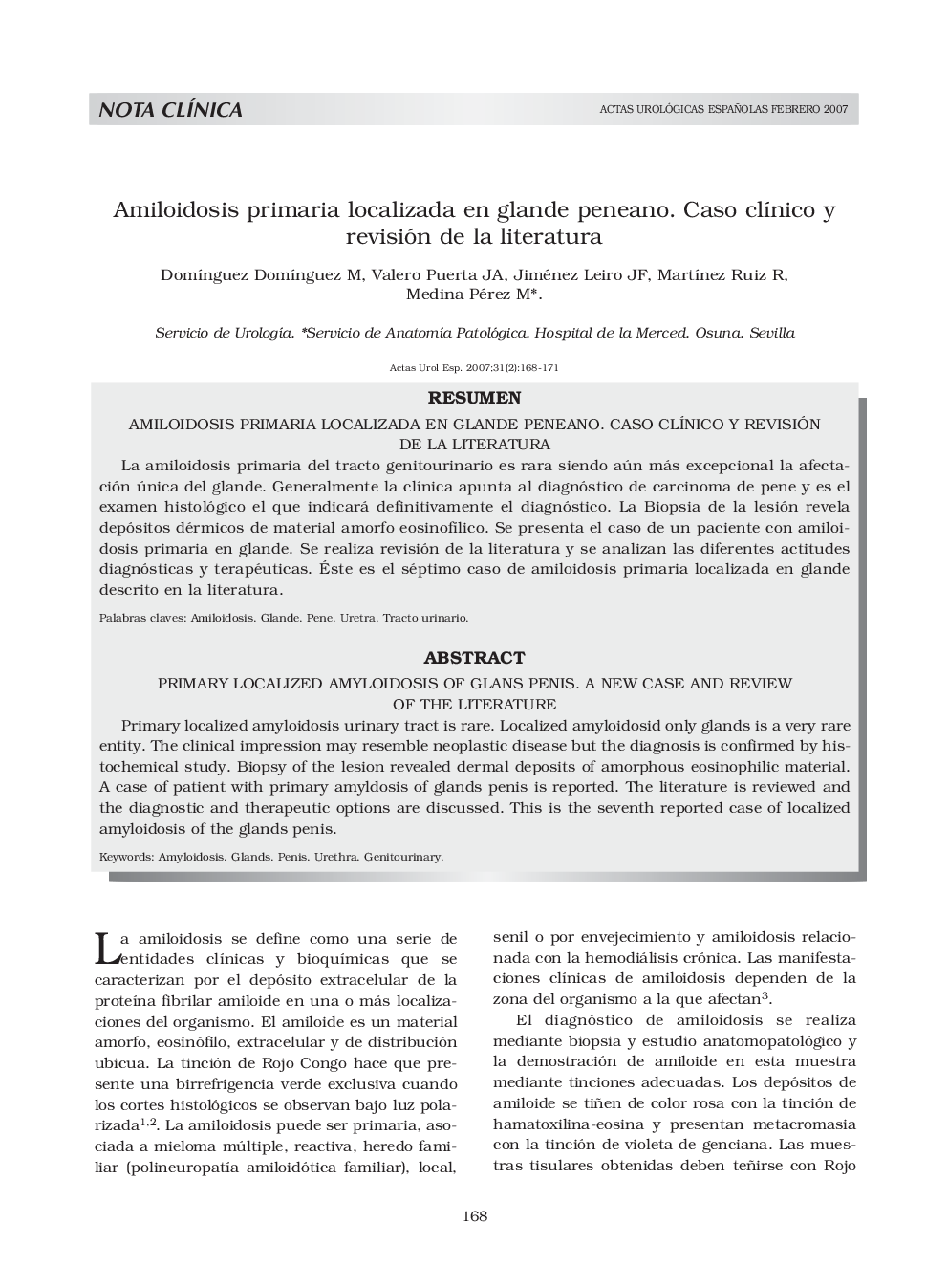 Amiloidosis primaria localizada en glande peneano. Caso clÃ­nico y revisión de la literatura