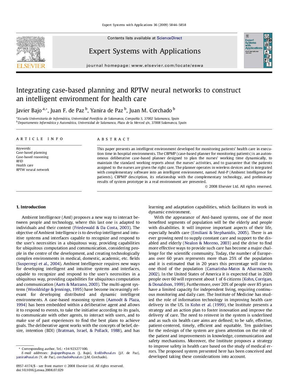 Integrating case-based planning and RPTW neural networks to construct an intelligent environment for health care