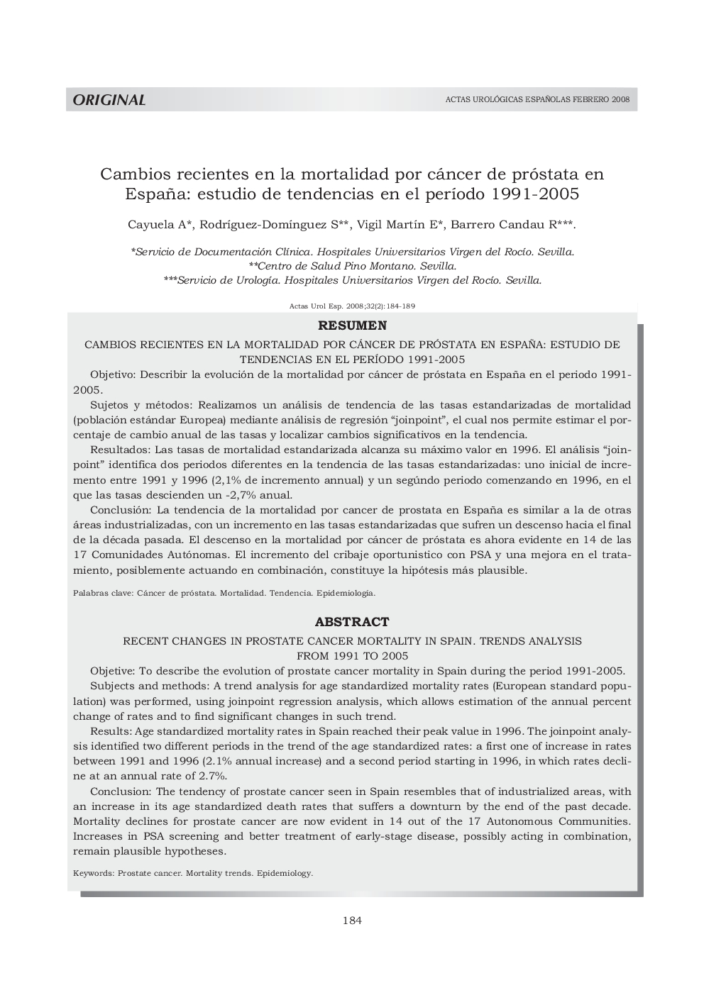 Cambios recientes en la mortalidad por cáncer de próstata en España: estudio de tendencias en el período 1991-2005