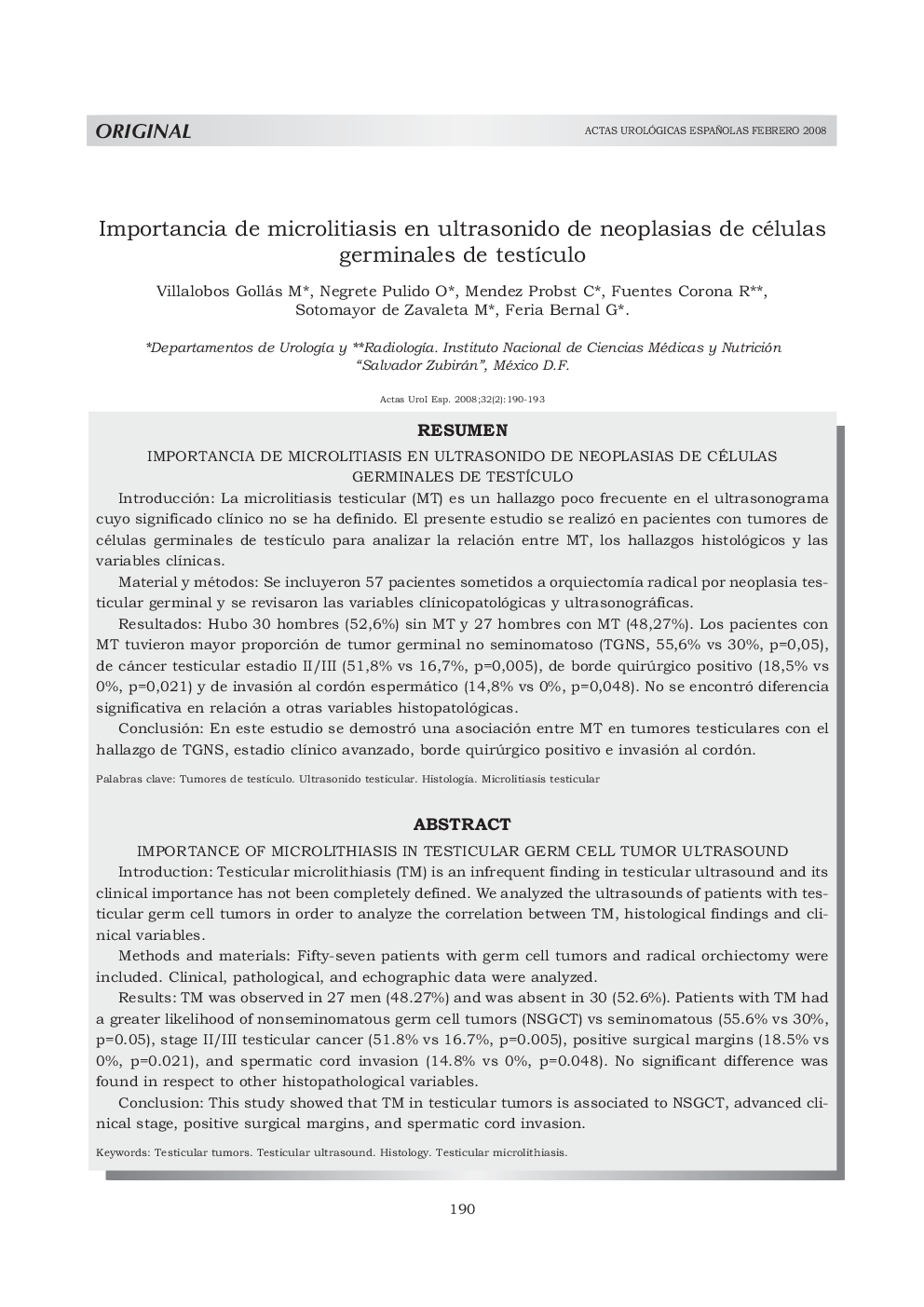 Importancia de microlitiasis en ultrasonido de neoplasias de células germinales de testÃ­culoImportance of microlithiasis in testicular germ cell tumor ultrasound