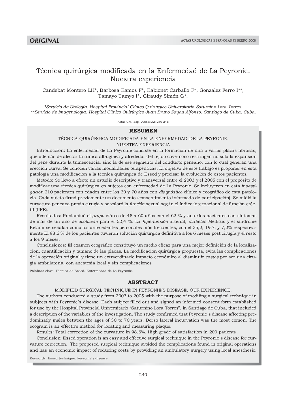 Técnica quirúrgica modificada en la Enfermedad de La Peyronie. Nuestra experiencia