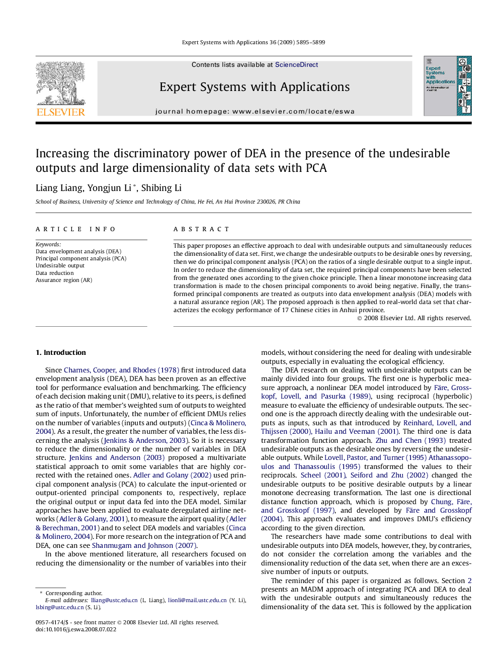 Increasing the discriminatory power of DEA in the presence of the undesirable outputs and large dimensionality of data sets with PCA