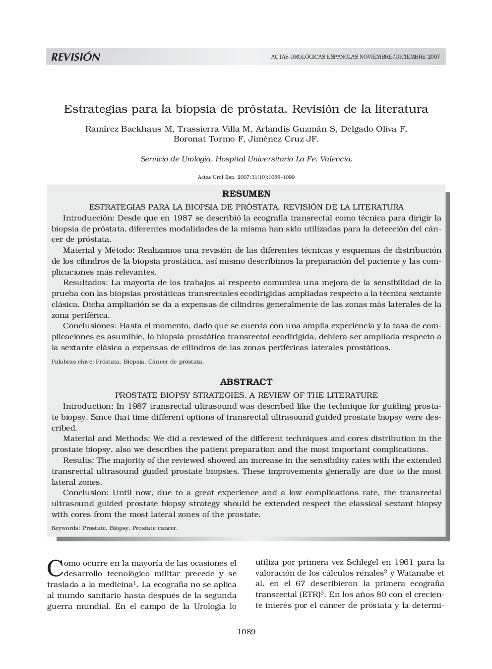 Estrategias para la biopsia de próstata. Revisión de la literaturaProstate biopsy strategies. a review of the literature
