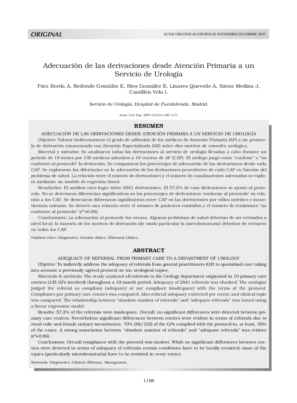 Adecuación de las derivaciones desde Atención Primaria a un Servicio de UrologÃ­aAdecuación de las derivaciones desde Atención Primaria a un Servicio de UrologÃ­a