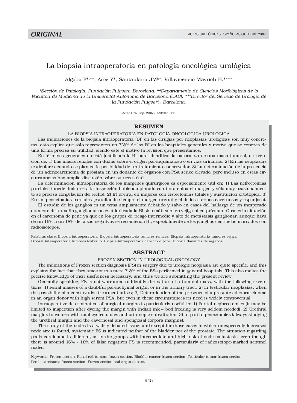 La biopsia intraoperatoria en patologÃ­a oncológica urológica