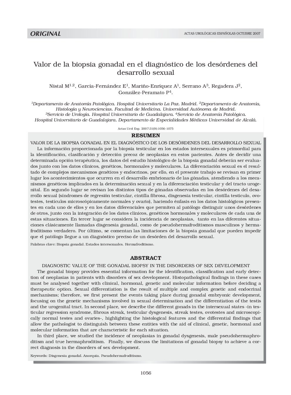 Valor de la biopsia gonadal en el diagnóstico de los desórdenes del desarrollo sexualDiagnostic value of the gonadal biopsy in the disorders of sex development