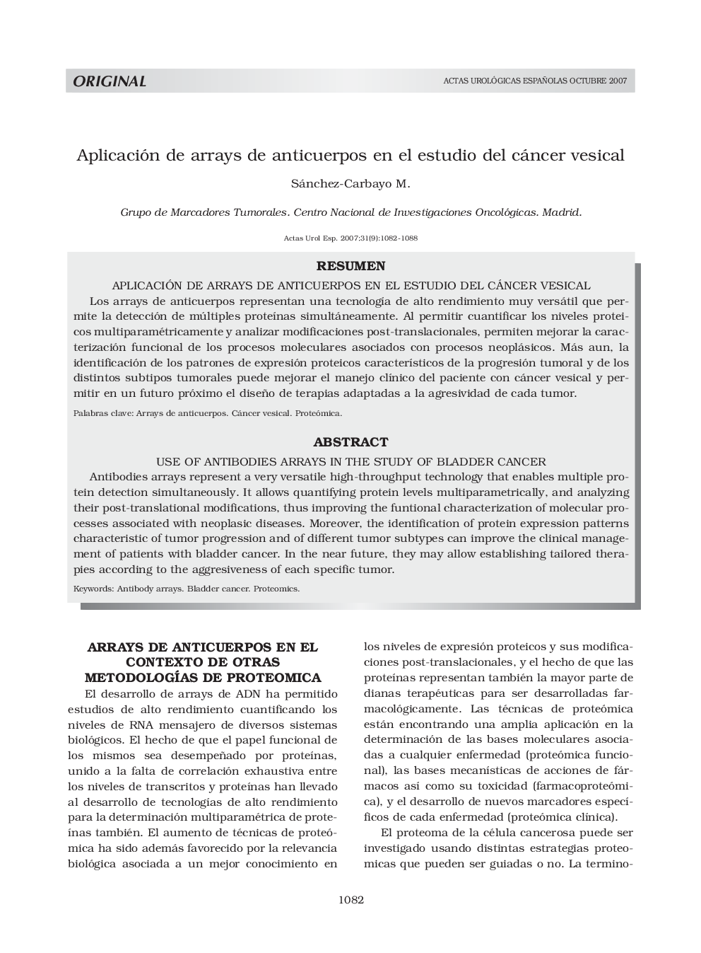 Aplicación de arrays de anticuerpos en el estudio del cáncer vesicalUse of antibodies arrays in the study of bladder cancer