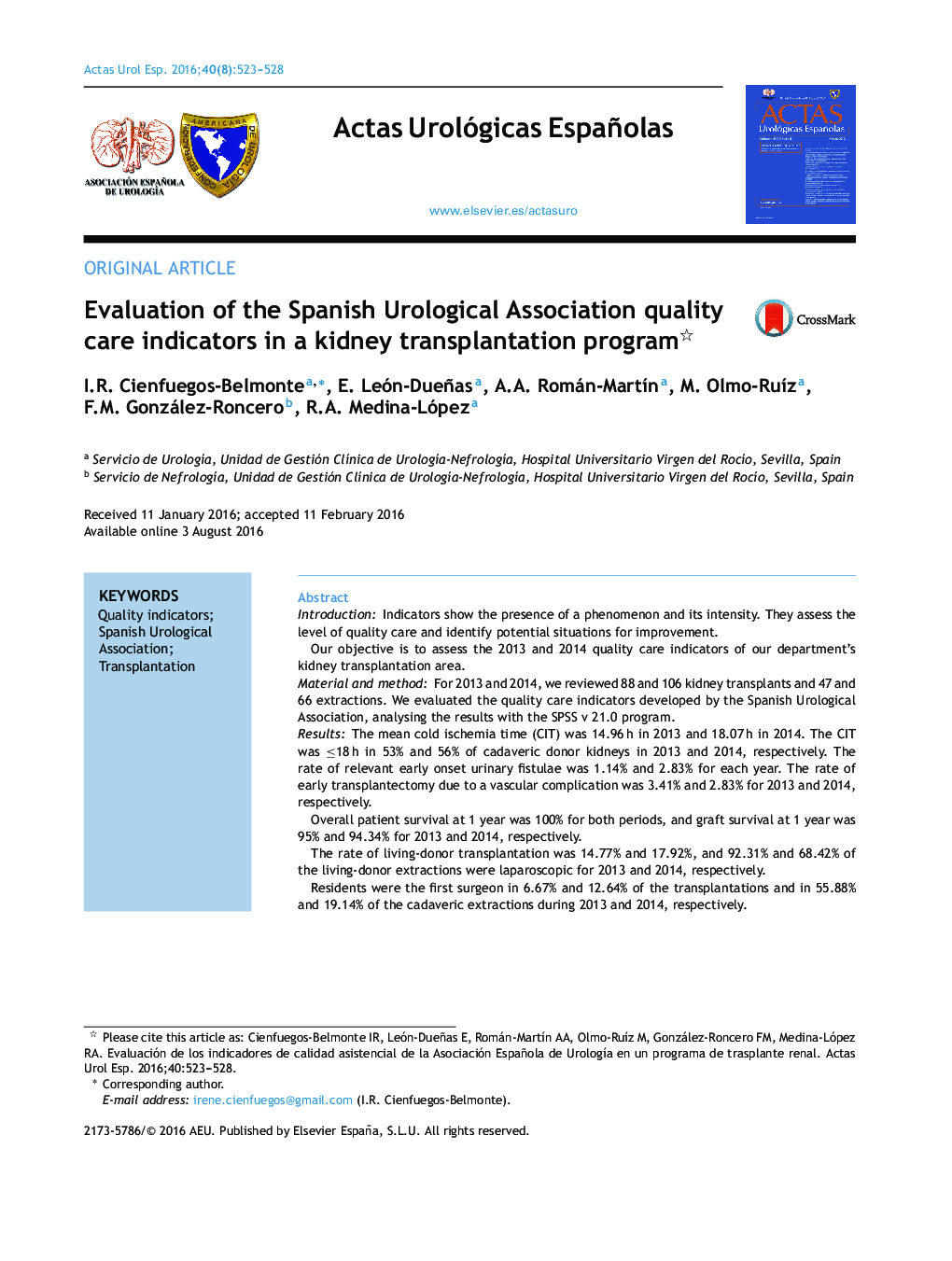 Evaluation of the Spanish Urological Association quality care indicators in a kidney transplantation program 