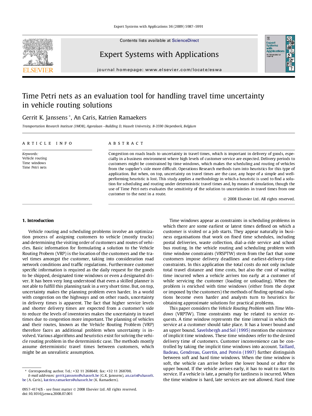 عکس صفحه اول مقاله: Time Petri nets as an evaluation tool for handling travel time uncertainty in vehicle routing solutions Time Petri nets as an evaluation tool for handling travel time uncertainty in vehicle routing solutions