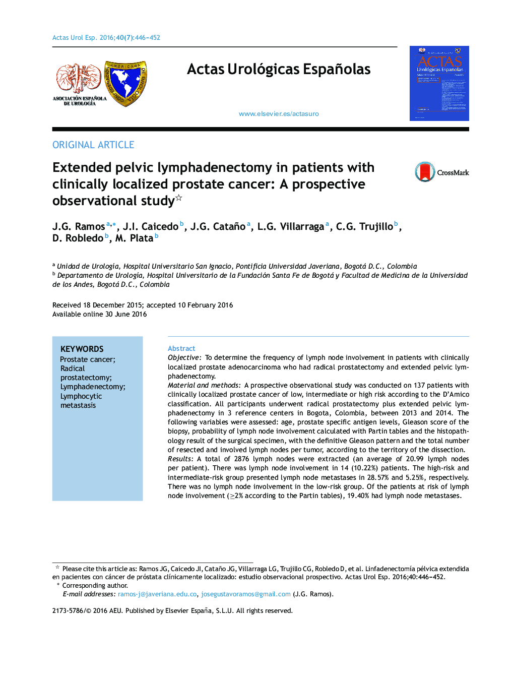 Extended pelvic lymphadenectomy in patients with clinically localized prostate cancer: A prospective observational study 