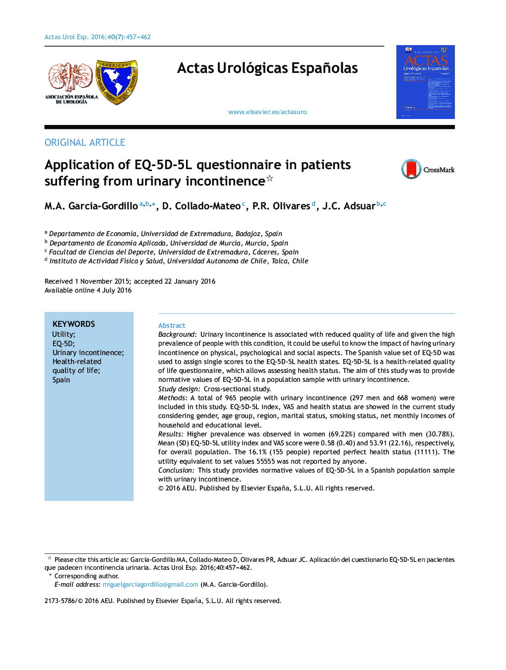 Application of EQ-5D-5L questionnaire in patients suffering from urinary incontinence 