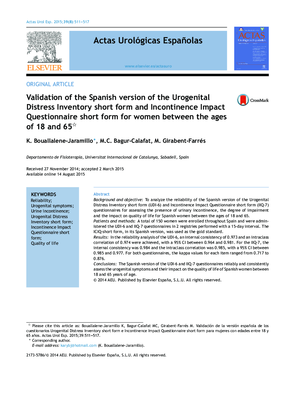 Validation of the Spanish version of the Urogenital Distress Inventory short form and Incontinence Impact Questionnaire short form for women between the ages of 18 and 65 