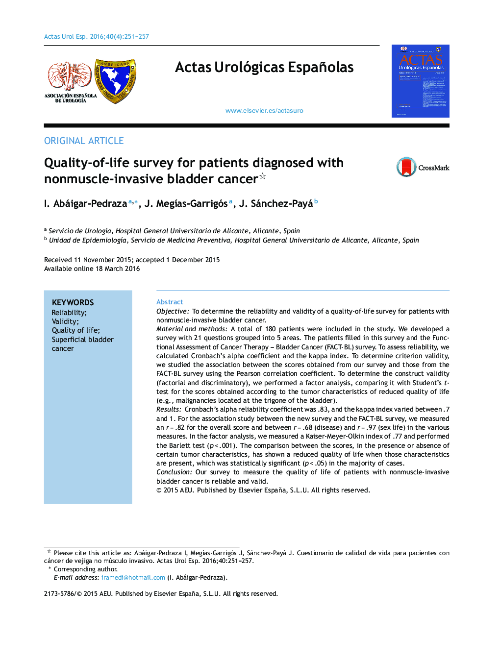 Quality-of-life survey for patients diagnosed with nonmuscle-invasive bladder cancer 