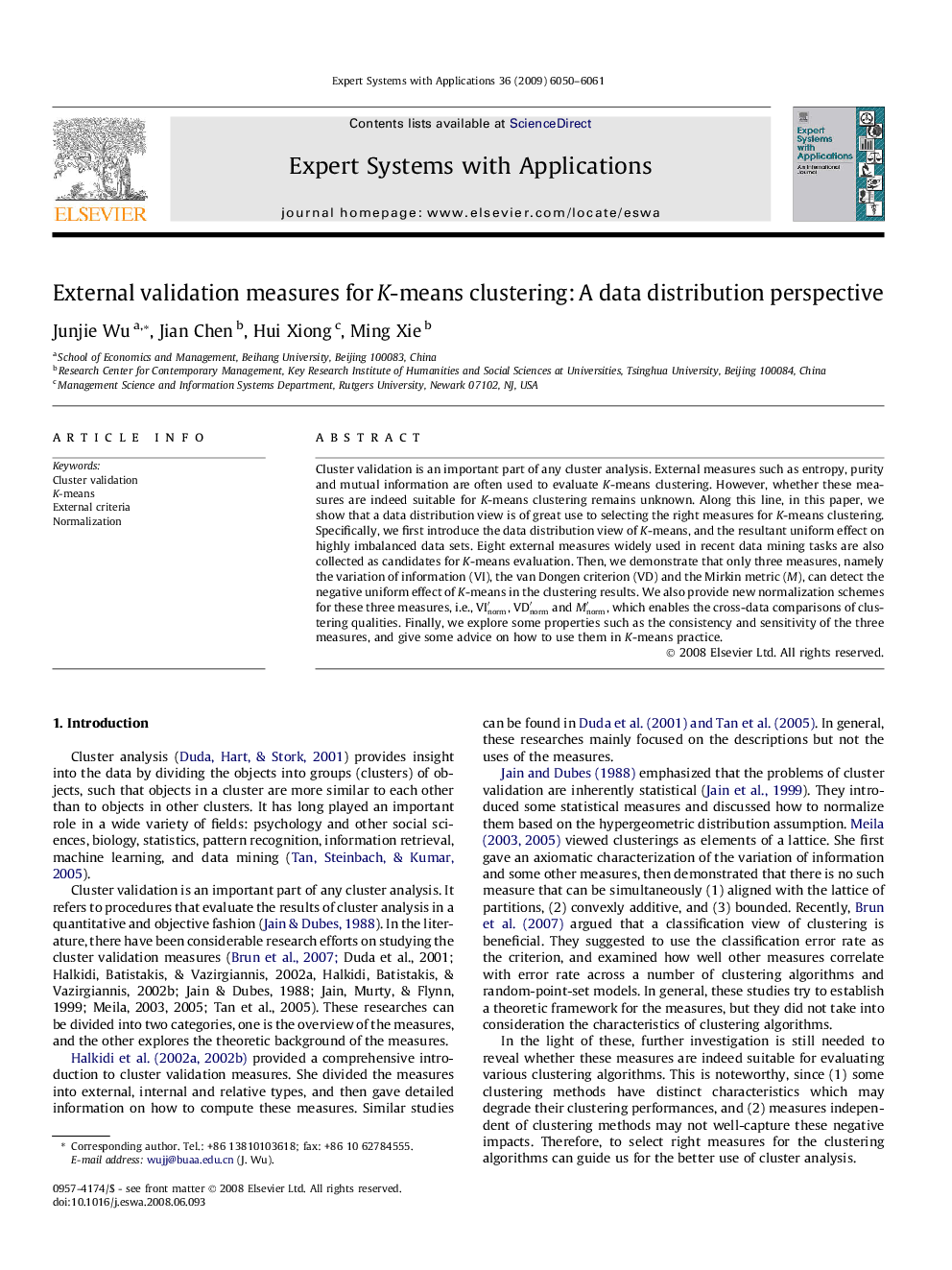 External validation measures for K-means clustering: A data distribution perspective