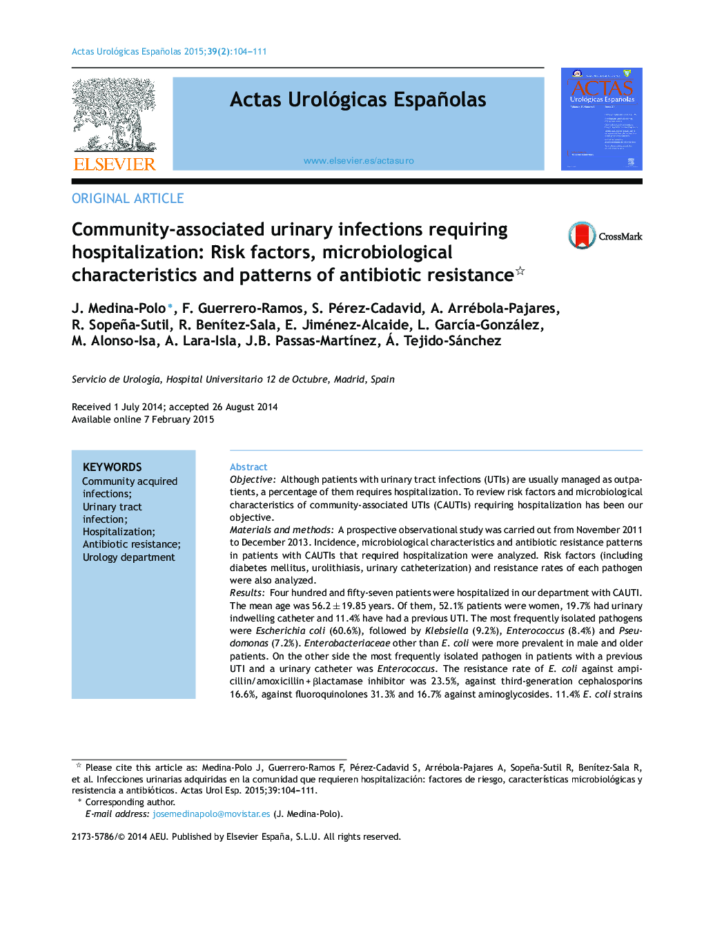 Community-associated urinary infections requiring hospitalization: Risk factors, microbiological characteristics and patterns of antibiotic resistance 