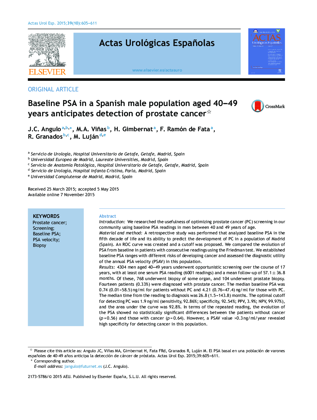 Baseline PSA in a Spanish male population aged 40–49 years anticipates detection of prostate cancer 