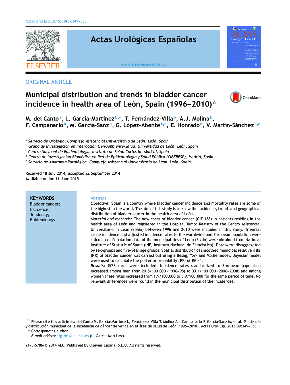 Municipal distribution and trends in bladder cancer incidence in health area of León, Spain (1996–2010) 