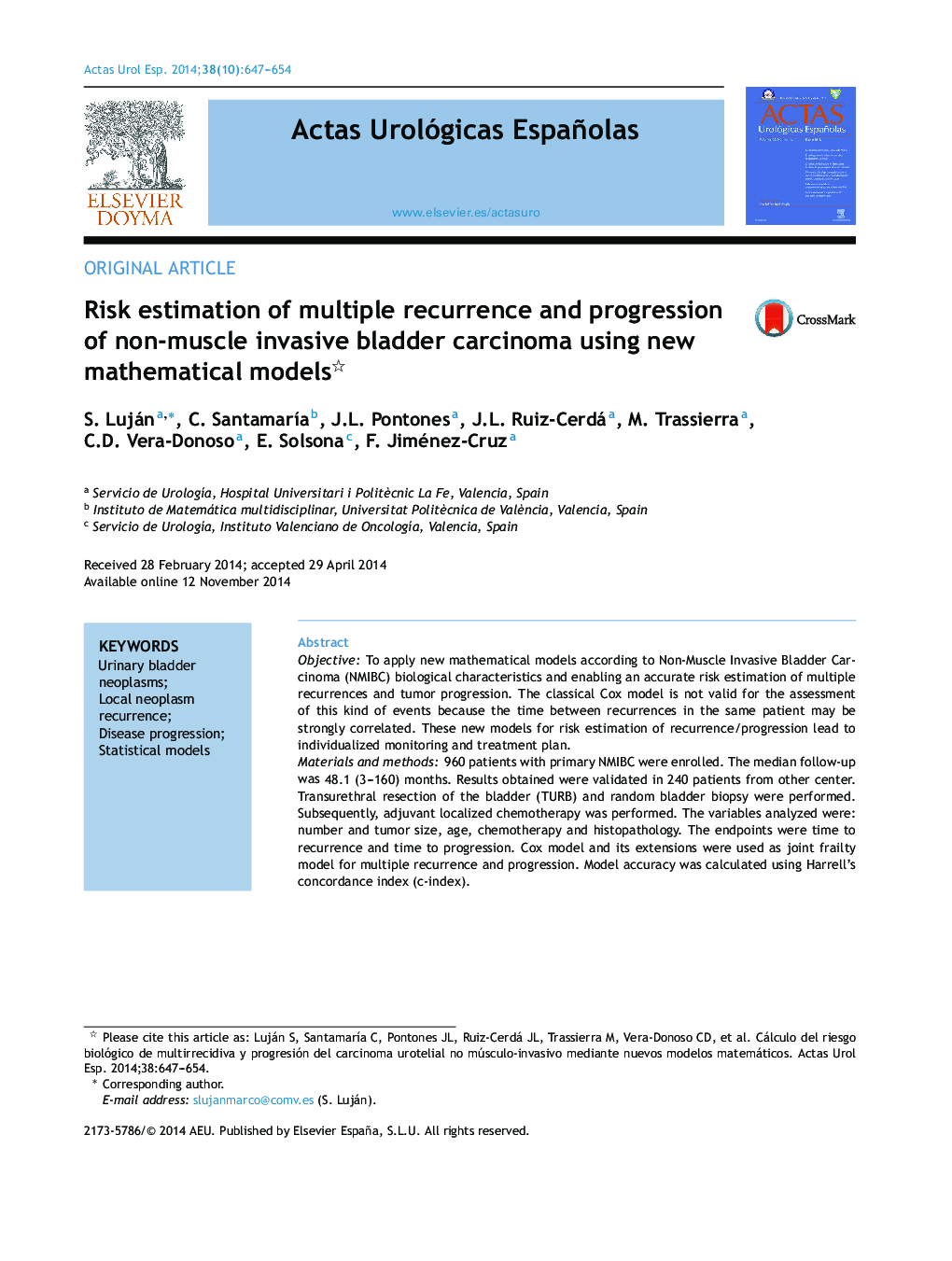 Risk estimation of multiple recurrence and progression of non-muscle invasive bladder carcinoma using new mathematical models 