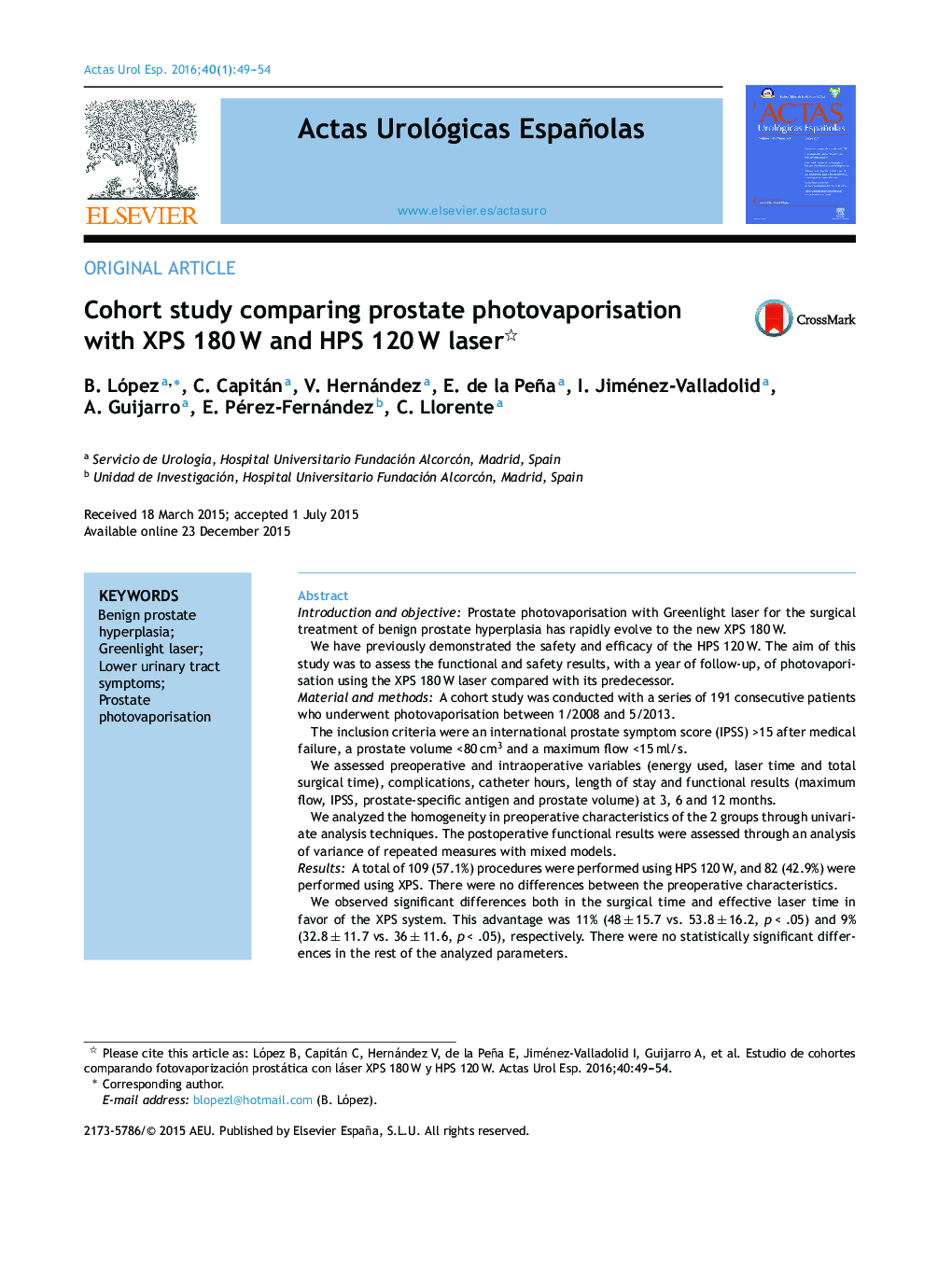 Cohort study comparing prostate photovaporisation with XPS 180 W and HPS 120 W laser 