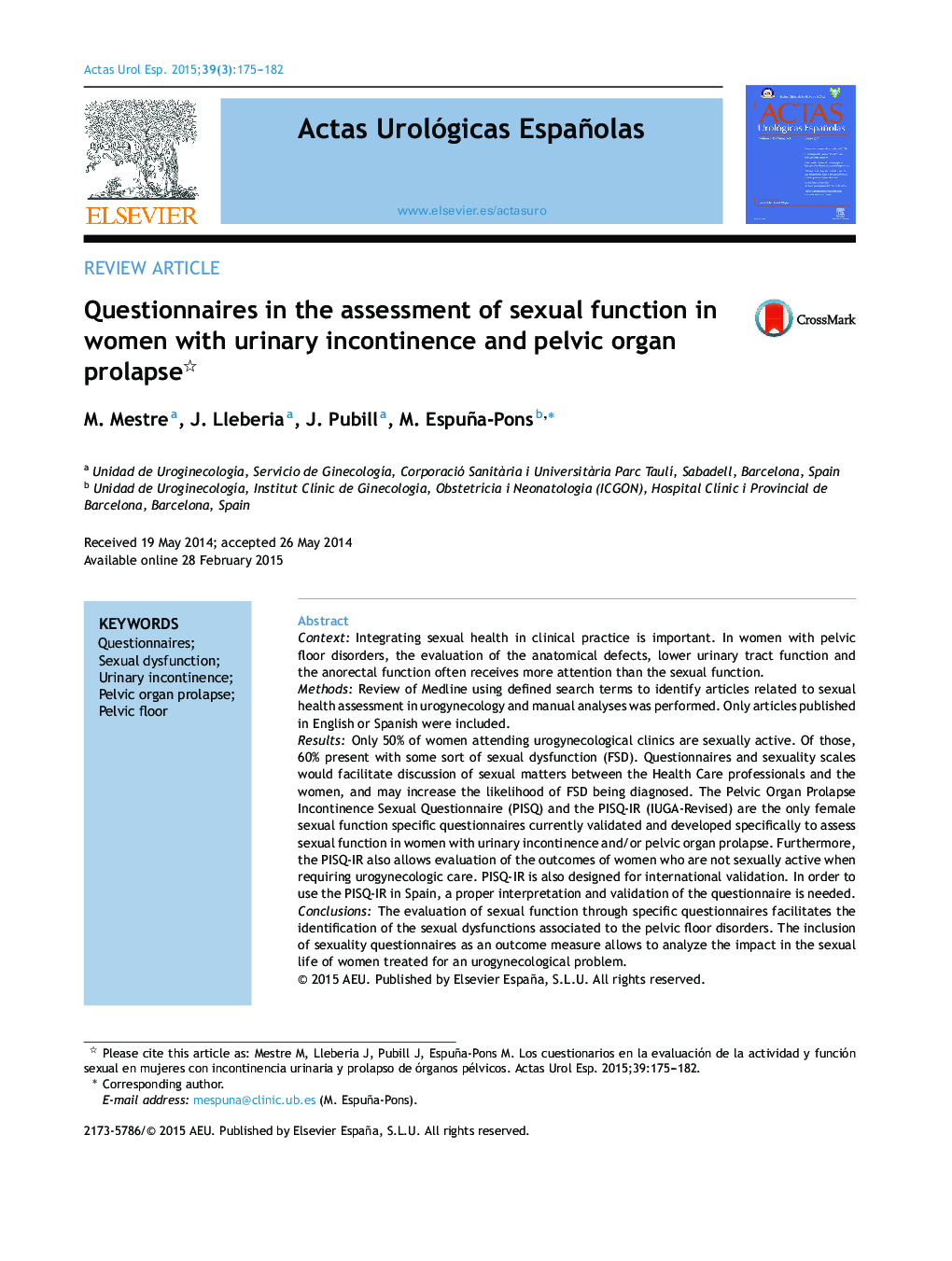 Questionnaires in the assessment of sexual function in women with urinary incontinence and pelvic organ prolapse 